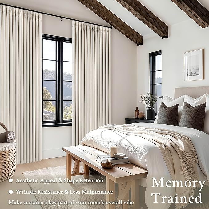 105 Inch Blackout Linen Curtains Pinch Pleat for Bedroom Living Room Darkening Neutral Pleated 100% Black Out Thermal Insulated Window Drapes Double Layer Soundproof Curtains 2 Panels Ivory Natural