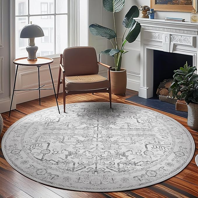 jinchan Lima Round Rug 7ft Vintage Machine Washable Area Rug Indoor Circle 7' Ultra-Thin Non-Slip Floral Print Carpet for Farmhouse Entryway Dining Room Living Room Bedroom Office (7'Round, Grey)