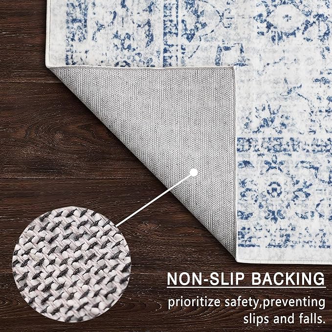 4x6 Rug, Small Area Rug for Living Room, Bedroom, Kitchen, Machine Washable Non-Slip Throw Rug, Vintage Distressed Floral Carpet for Entryway Nursery Dinner Room - Durable (Blue)