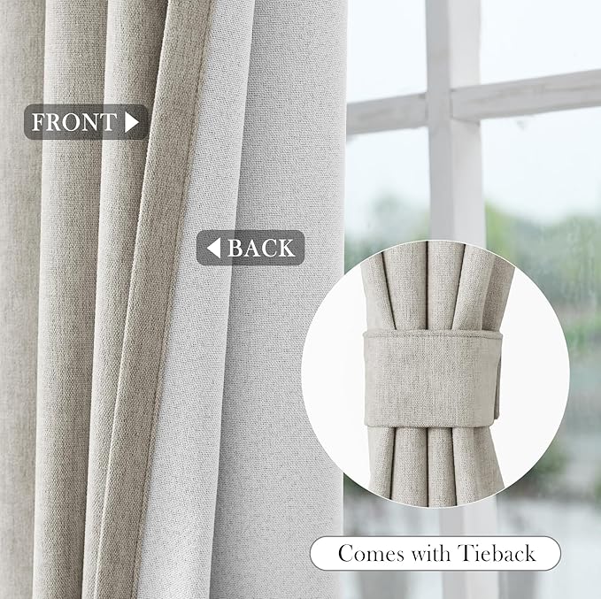 Macochico 52" Wx108 L 100% Blackout Curtains Extra Long Thermal Insulated Chenille Curtains for Living Room Bedroom Auditorium Home Theater Beige Grommet Curtains with Tieback Classic 1 Panel