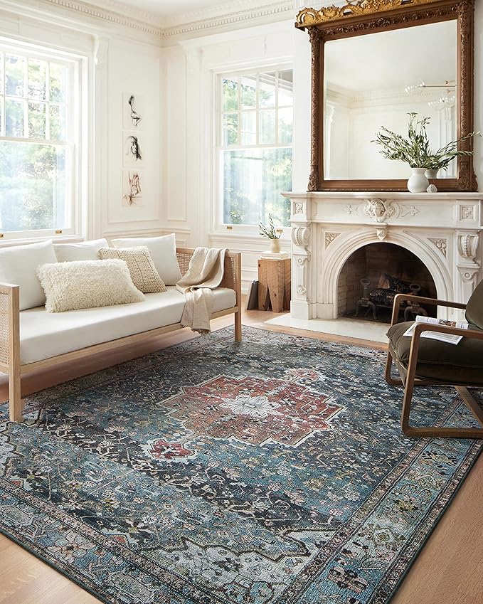 Loloi Margot Collection MAT-05 Ocean/Brick 2'-3" x 3'-9" Accent Rug feat. CloudPile, No-Shed Easy Clean Large Patterned Area Rug for Living Room, Bedroom, Dining Area