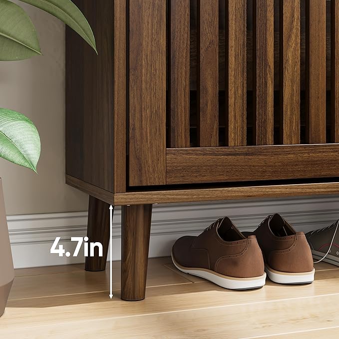 Vibe & Dine Shoe Cabinet with 2 Flip Drawers, Narrow Shoe Rack with Gold Handles, Free Standing Shoe Storage Cabinet for Entryway Slim, Wood Shoe Organizer Cabinet for Hallway, Bedroom, Walnut