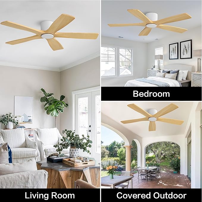 WINGBO 48" Flush Mount DC Ceiling Fans Without Lights, 5 Carved Solid Wood Blades, 6-Speed Reversible DC Motor, Low Profile Hugger Ceiling Fan No Lights for Living Room Bedroom Patio, White and Oak