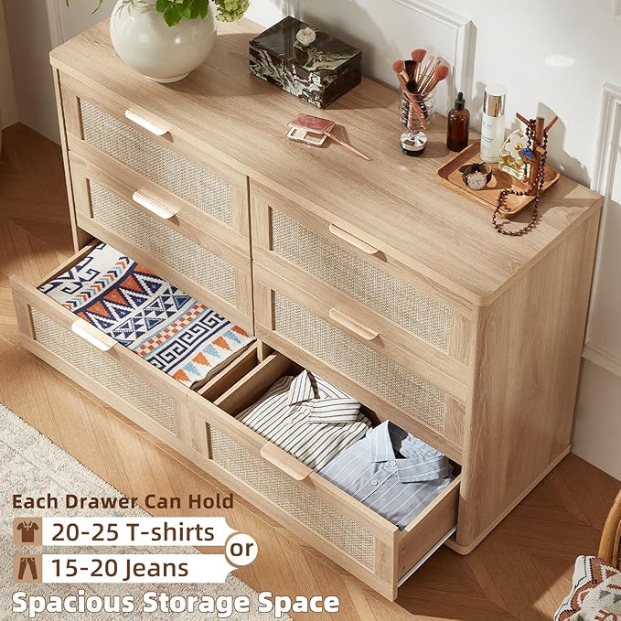 LEYAOYAO Rattan Dresser and Nightstand Sets 3, Boho Wood Dresser for Bedroom with 6 Drawers and Night Stand with 3 Drawer, Bedroom Furniture, Dressers & Chests of Drawers, Living Room, Hallway