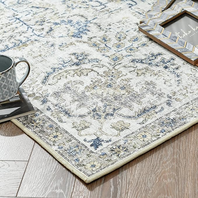 jinchan Kalen Runner Rug 2x10 Washable Hallway Rug Vintage Indoor Thin Retro Floor Cover Floral Country Lightweight Non Slip Carpet for Entryway Bathroom Kitchen Bedroom Living Room Stairway Blue