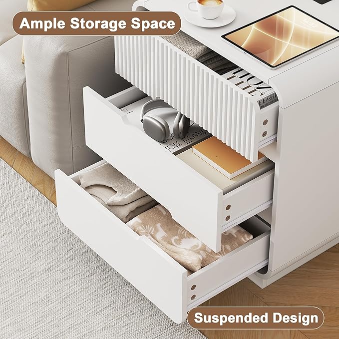 8 Drawer Dresser and 2 Nightstand Sets for Bedroom 3 Pcs Bedroom Set, Modern 39.4" Fluted Dresser with Invisible Handles Nightstand Charging Station, Bedroom Furniture Set for Living Room, White