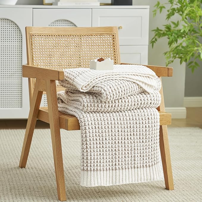 Amélie Home Waffle Chenille Throw Blanket for Couch, Pineapple Stitch Knit Soft Cozy Knit Blanket Decorative Throw for Sofa, Chair, 50"x60", Beige&Ivory