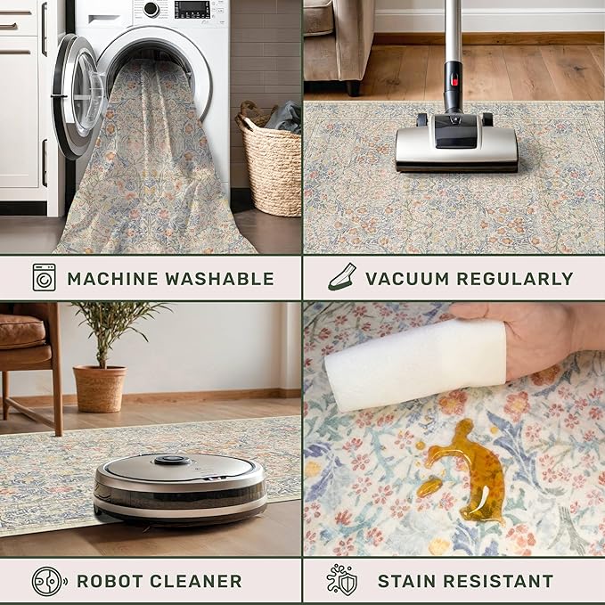 Boho 3x16 Wide Hallway Runner - Beige Blue and Purple, Washable Low Pile Non Slip Stain Resistant 16ft Runner Rug for Long Kitchen, Hall Way, Floral Forest Decor
