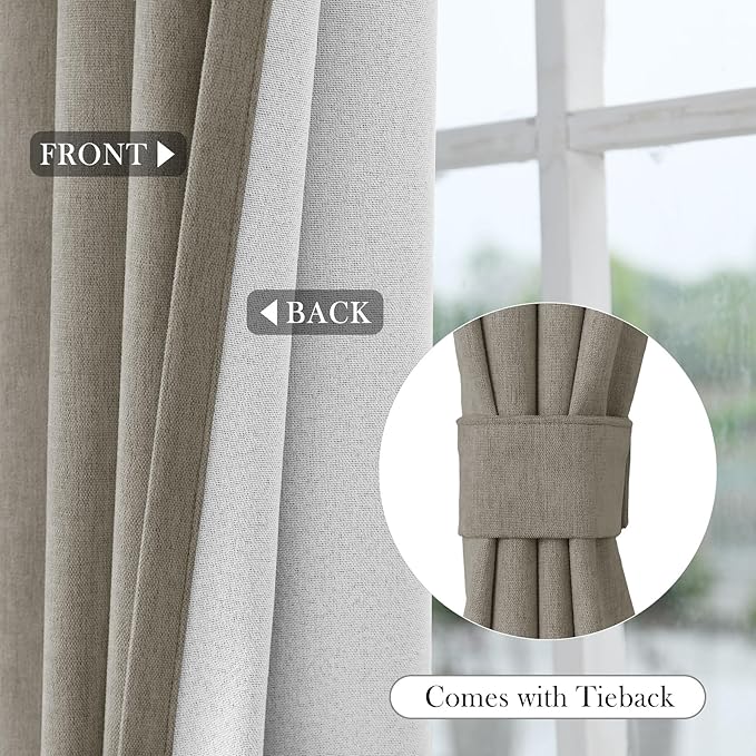 Macochico 100% Blackout Chenille Curtains for Living Room Classic Chenille Window Curtain Panels Thermal Drapes for Bedroom Hotel Grommet Curtains with Tieback Light Taupe 84" Wx96 L 1 Panel