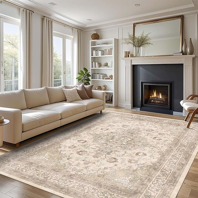 vivorug Beige 9x12 Area Rugs for Living Room, Non Slip Machine Washable Vintage Rug, Ultra-Thin Lightweight Large Area Rug for Bedroom, Dining Room, Low Pile Rug
