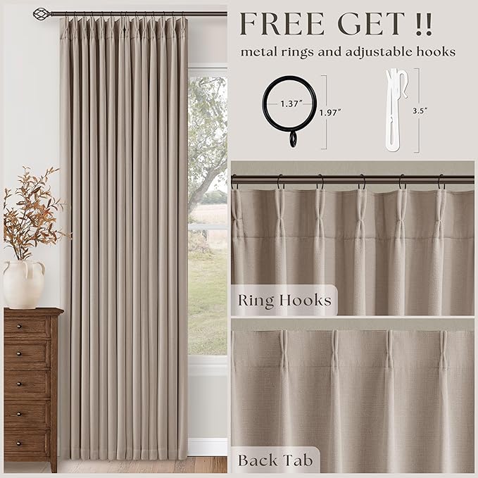 Memory Trained Pinch Pleated 100% Blackout Linen 80 Inch Curtains for Bedroom Room Darkening Light Blocking Burlywood Tan Window Curtain 80 Inches Long Living Room Black Out Pleat Drapes Dual Layer