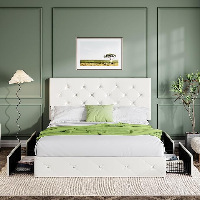 Allewie Upholstered Full Size Platform Bed Frame with 4 Storage Drawers and Headboard, Diamond Stitched Button Tufted, Mattress Foundation with Wooden Slats Support, No Box Spring Needed, White