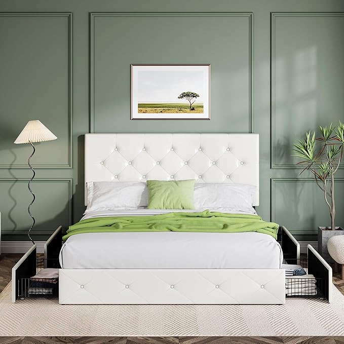 Allewie Upholstered Queen Size Platform Bed Frame with 4 Storage Drawers and Headboard, Diamond Stitched Button Tufted, Mattress Foundation with Wooden Slats Support, No Box Spring Needed, White