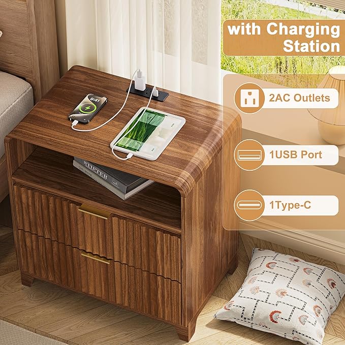 3 Pcs Dresser Closet Bedroom Set, 6 Drawer Fluted Dresser and Nightstand Set of 2 with Charging Station, Modern Bedside Table Chest of Drawers Storage Cabinet Set for Bedroom, Living Room, Walnut