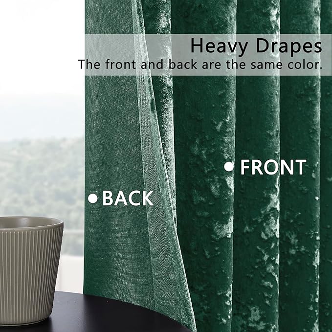 SMILETIME Forest Green Crushed Velvet Curtains 52x96inch Rod Pocket Luxurious Thermal Insulated Soundproof Drapes Soft and Durable Light-Filtering Window Treatments for Living Room Bedroom, 2 Panels