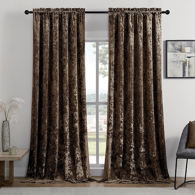 SMILETIME Chocolate Crushed Velvet Curtains 52x84inch Rod Pocket Luxurious Thermal Insulated Soundproof Drapes Soft and Durable Light-Filtering Window Treatments for Living Room Bedroom, 2 Panels