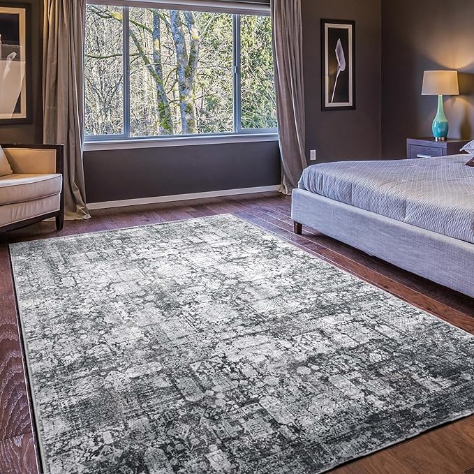 Area Rug 6×9, Large Vintage Boho Rug,Ultra-Soft Low Pile, Washable, Non Slip,Stain Resistant, Printed Carpet for Living Room Bedrooms Playroom Office Kitchen, Dark Stone