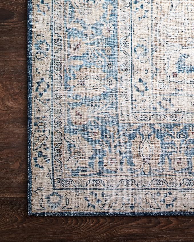 Loloi Layla Collection LAY-07 Blue/Tangerine 3'-6" x 5'-6" .13" Thick Accent Rug, Soft, Durable, Vintage Inspired, Distressed, Low Pile, Non-Shedding, Easy Clean, Printed, Living Room Rug