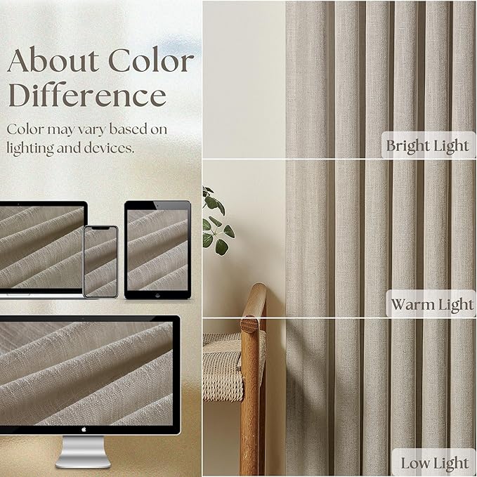 Burlywood Taupe Pinch Pleated Linen 108 Inch Curtains 60 Inch Width for Living Room Divider Light Filtering Semi Sheer Extra Wide Patio Curtains for Sliding Door Floor Ceiling Picture Window 60x108