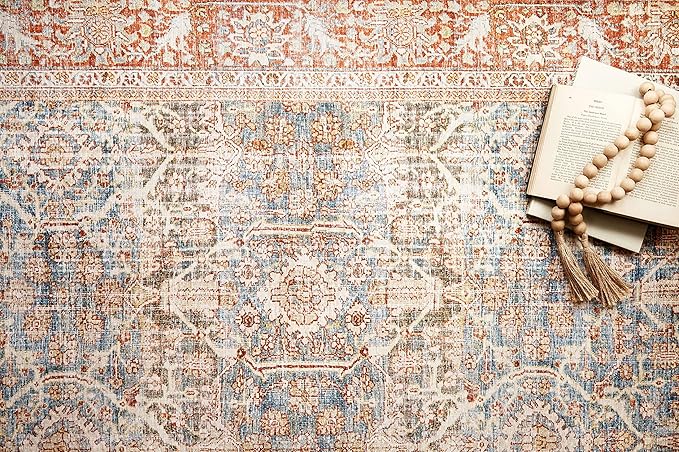 Loloi Layla Collection LAY-04 Ocean/Rust 2'-0" x 5'-0" .13" Thick Accent Rug, Soft, Durable, Vintage Inspired, Distressed, Low Pile, Non-Shedding, Easy Clean, Printed, Living Room Rug