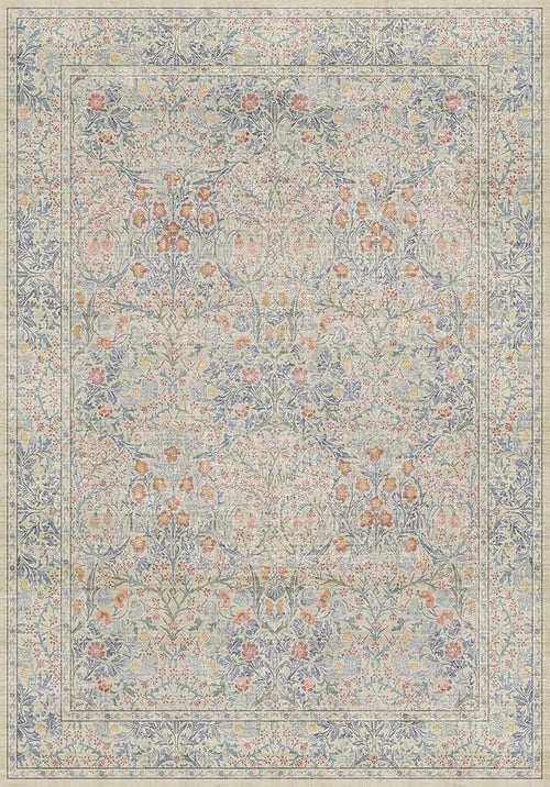 7x10 Washable Rug for Living Room - Stain Resistant Dining Room Rugs for Under Table, Soft Low Pile Large Carpet for Bedroom - Vintage Floral Non-Slip (Beige Blue)