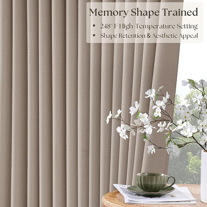 Viral Pleated Blackout Burlap 120 Inch Long Curtains Neutral Pinch Pleated Taupe Burlywood Birch Linen Double Layer 100% Black Out Curtains Soundproof Cottagecore 120 Inch Window Drapes 2 Panel