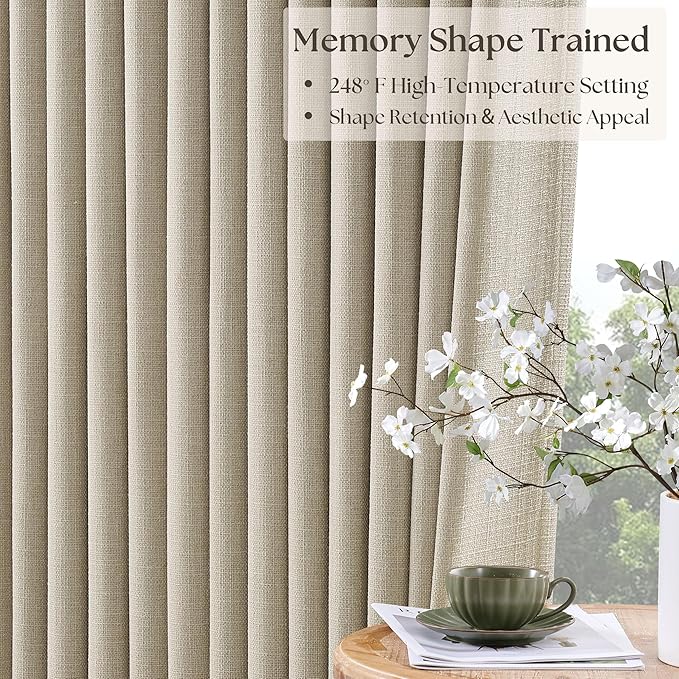 Pinch Pleat Beige 120 Inch Blackout Curtains for Living Room 2 Panels Set 100% Black Out Flax Burlap Beige Oatmeal Pleated Drapes Room Darkening Extra Long Luxury High Ceiling Windows Curtain 10FT