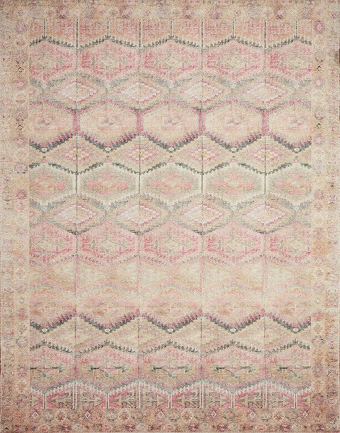 Loloi Layla Collection LAY-17 Pink/Lagoon 2'-6" x 7'-6" .13" Thick Runner Rug, Soft, Durable, Vintage Inspired, Distressed, Low Pile, Non-Shedding, Easy Clean, Printed, Living Room Rug