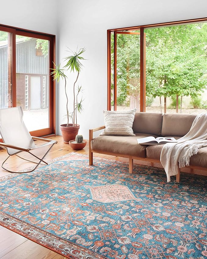 Loloi Layla Collection LAY-10 Marine/Clay 2'-6" x 9'-6" .13" Thick Runner Rug, Soft, Durable, Vintage Inspired, Distressed, Low Pile, Non-Shedding, Easy Clean, Printed, Living Room Rug